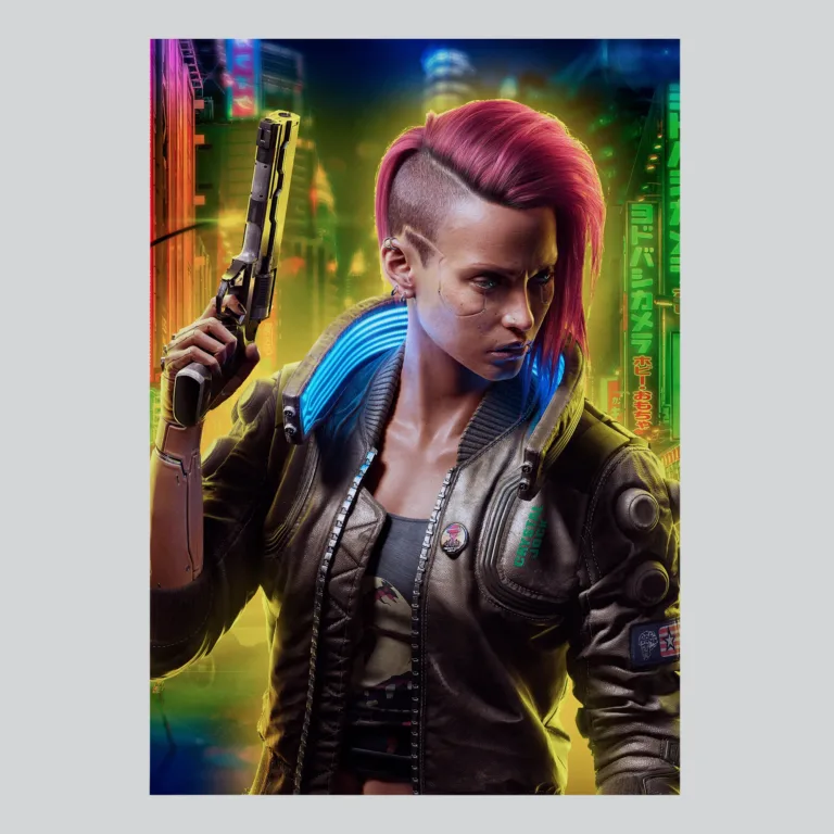 Cyberpunk 2077 Female V Night City Skyline Gaming Poster